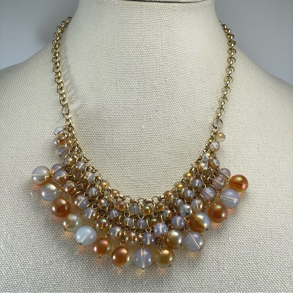 Beautiful Unsigned Gold Tone Milky Amber Color Round Glass Beaded Bib Necklace